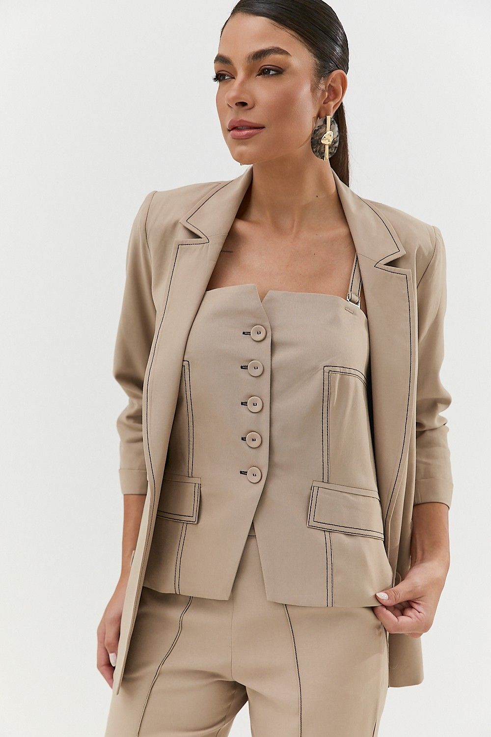 Blazer Alfaiataria Pespontado Detalhe Bolsos Flavia