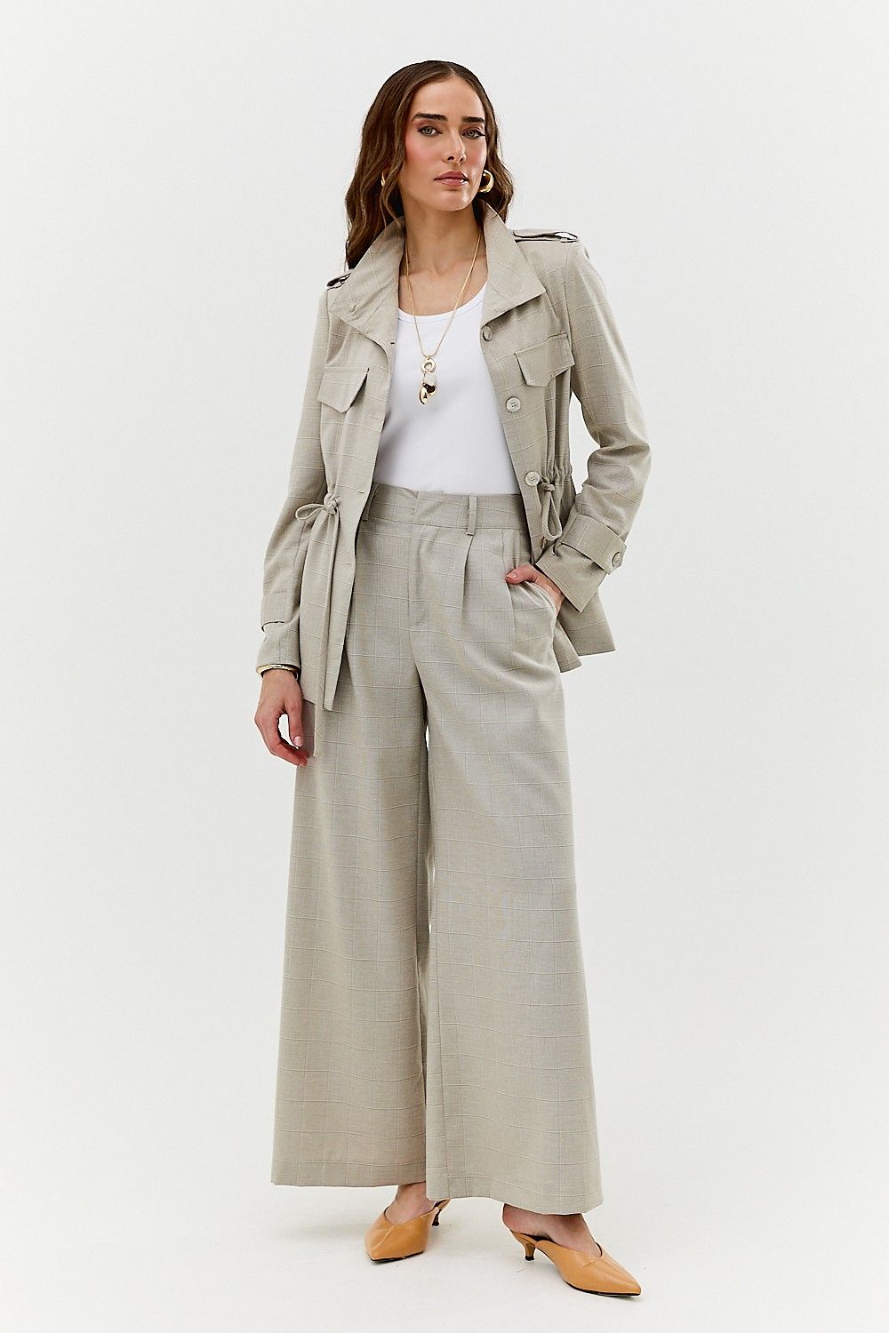 Calça Feminina Wide Leg com Pregas Xadrez Antônia
