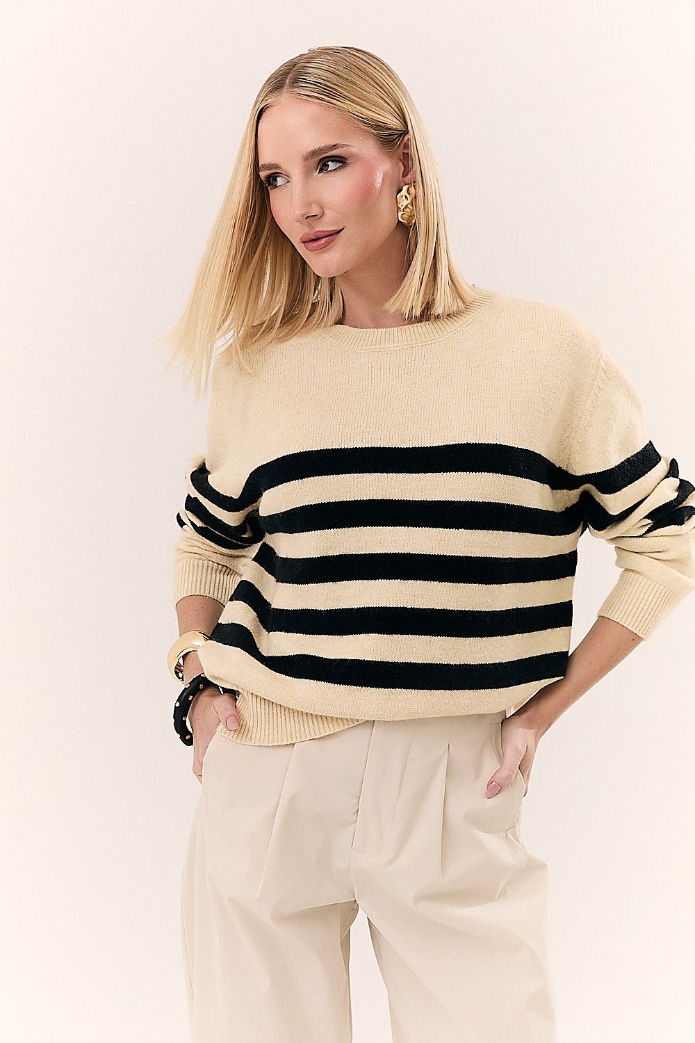 Blusa Feminina em Tricot com Listras Manga Longa Marta