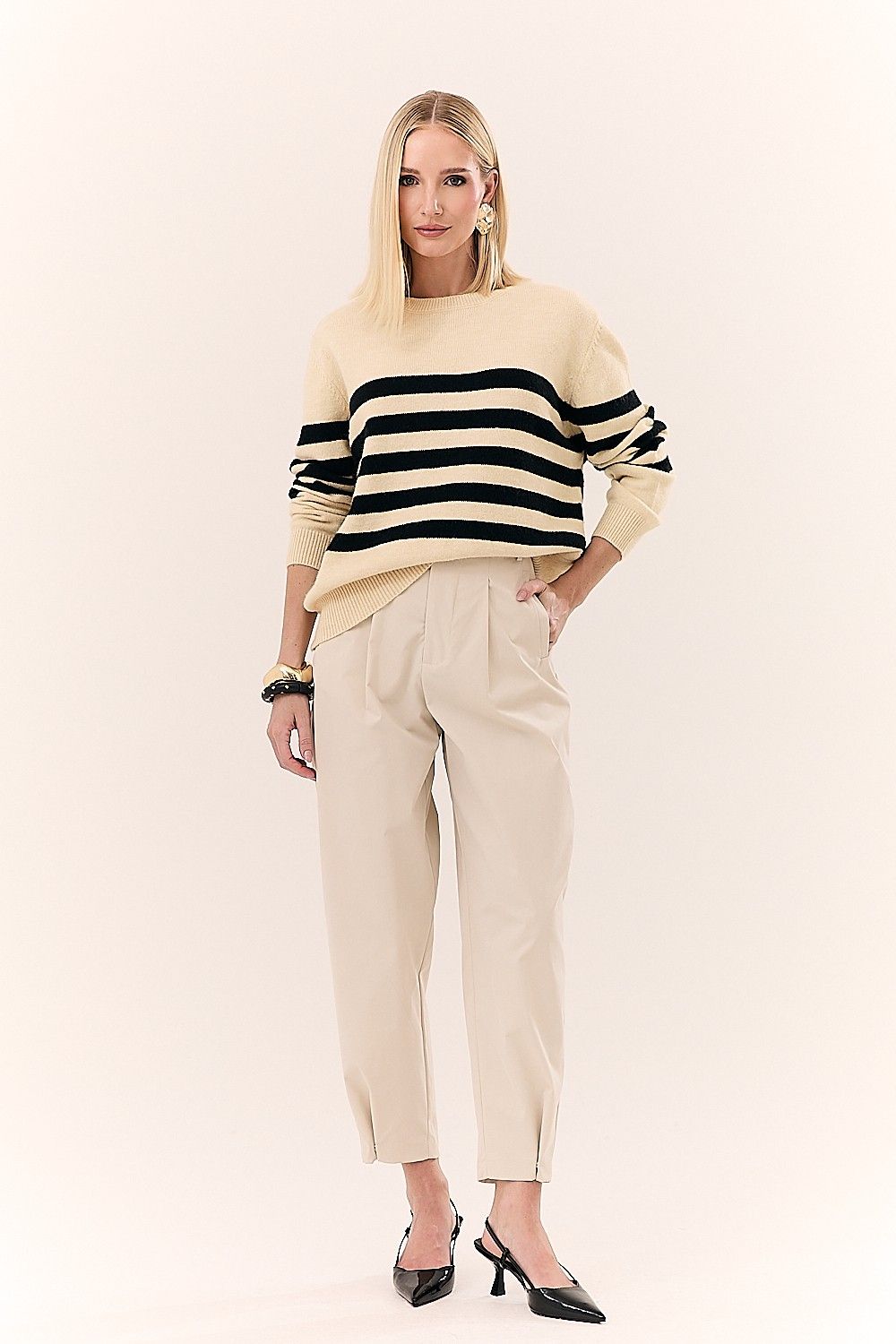 Blusa Feminina em Tricot com Listras Manga Longa Marta