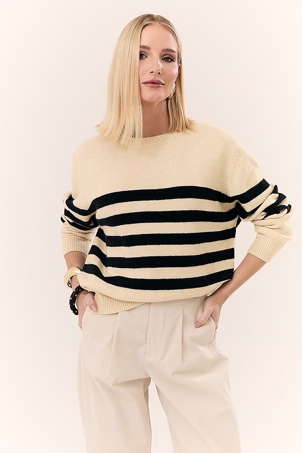 Blusa Feminina em Tricot com Listras Manga Longa Marta