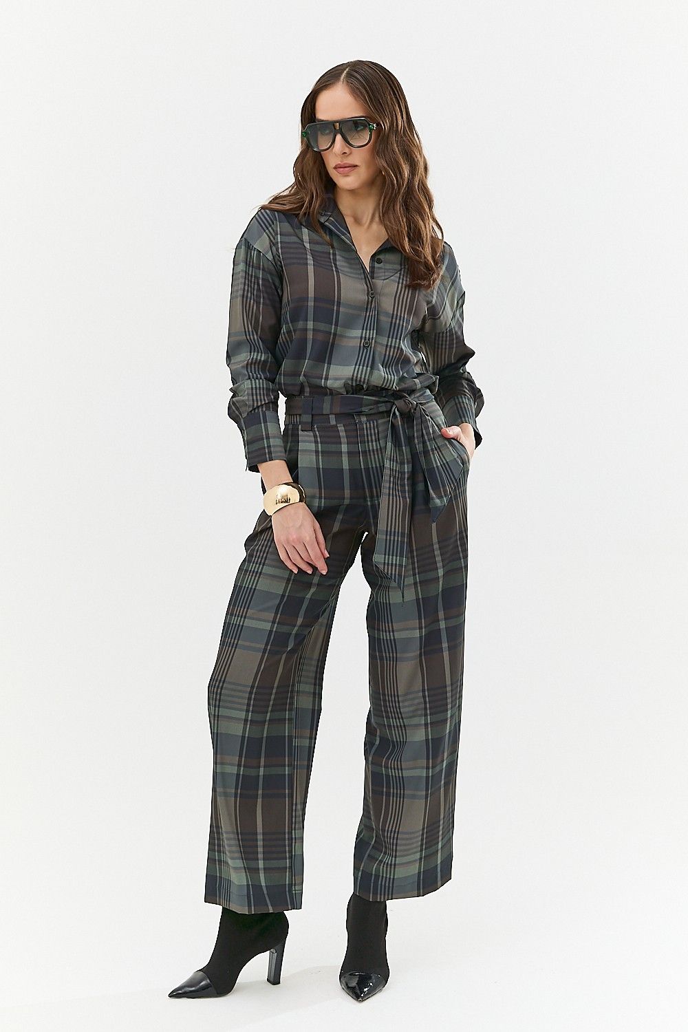 Calça Pantalona com Amarração Xadrez Olivia