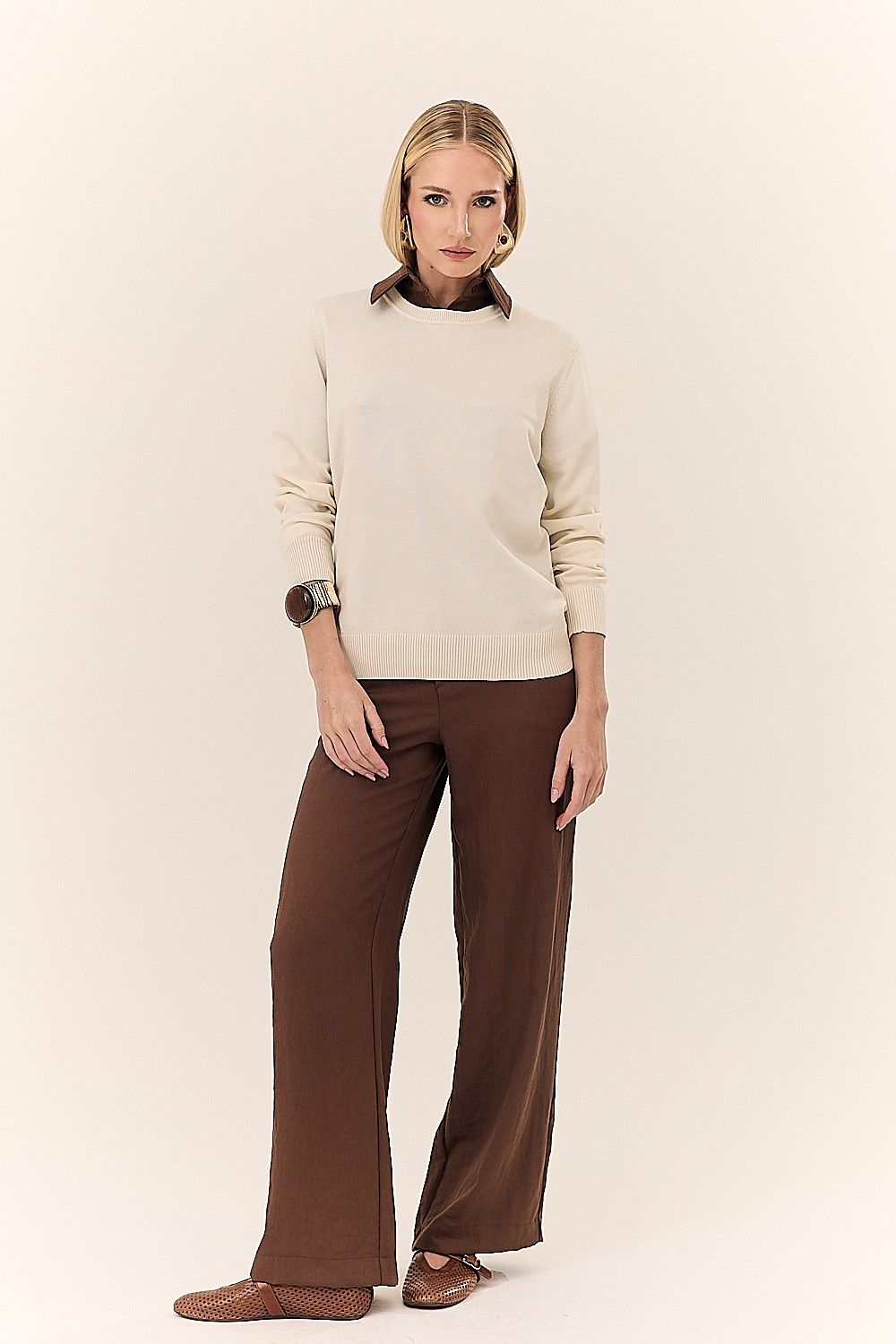 Blusa Feminina Básica Tricot e Detalhes Canelados Nair