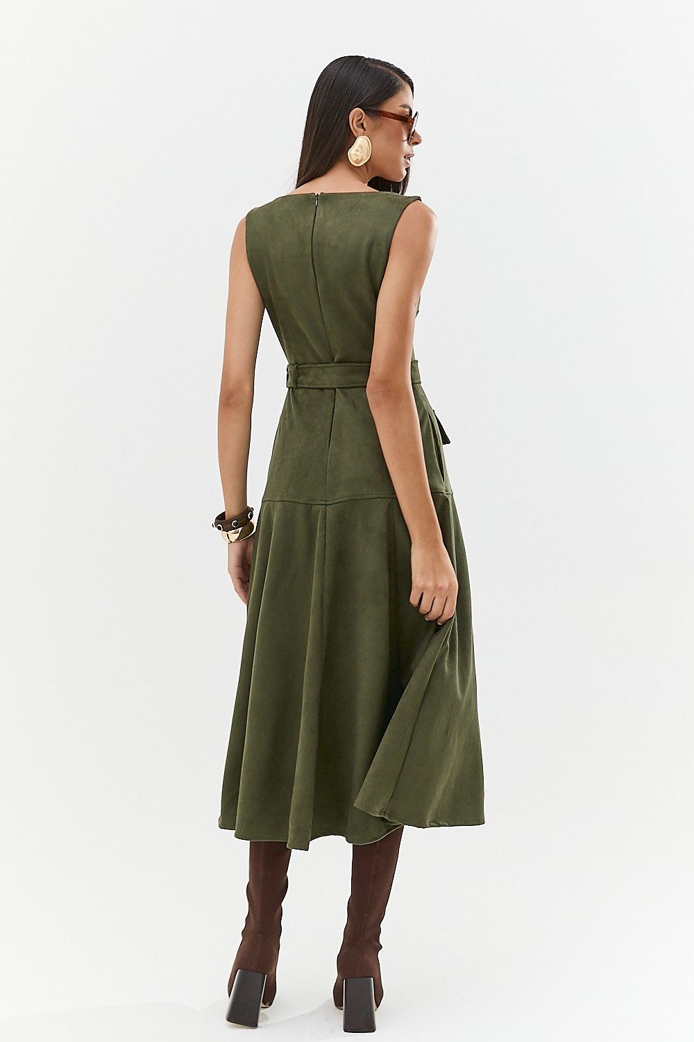 Vestido Midi Suede com Bolsos e Cinto Pietra