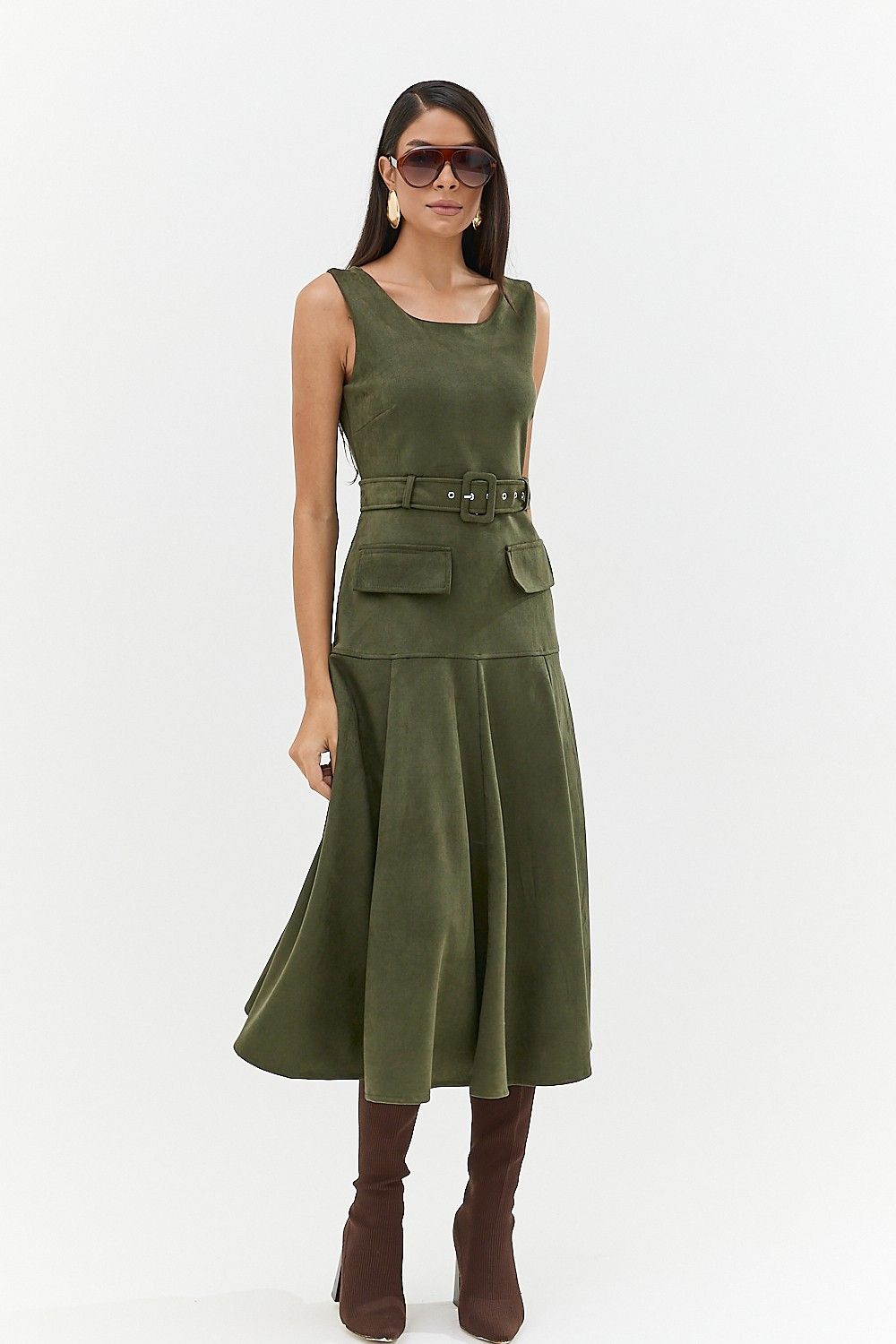 Vestido Midi Suede com Bolsos e Cinto Pietra