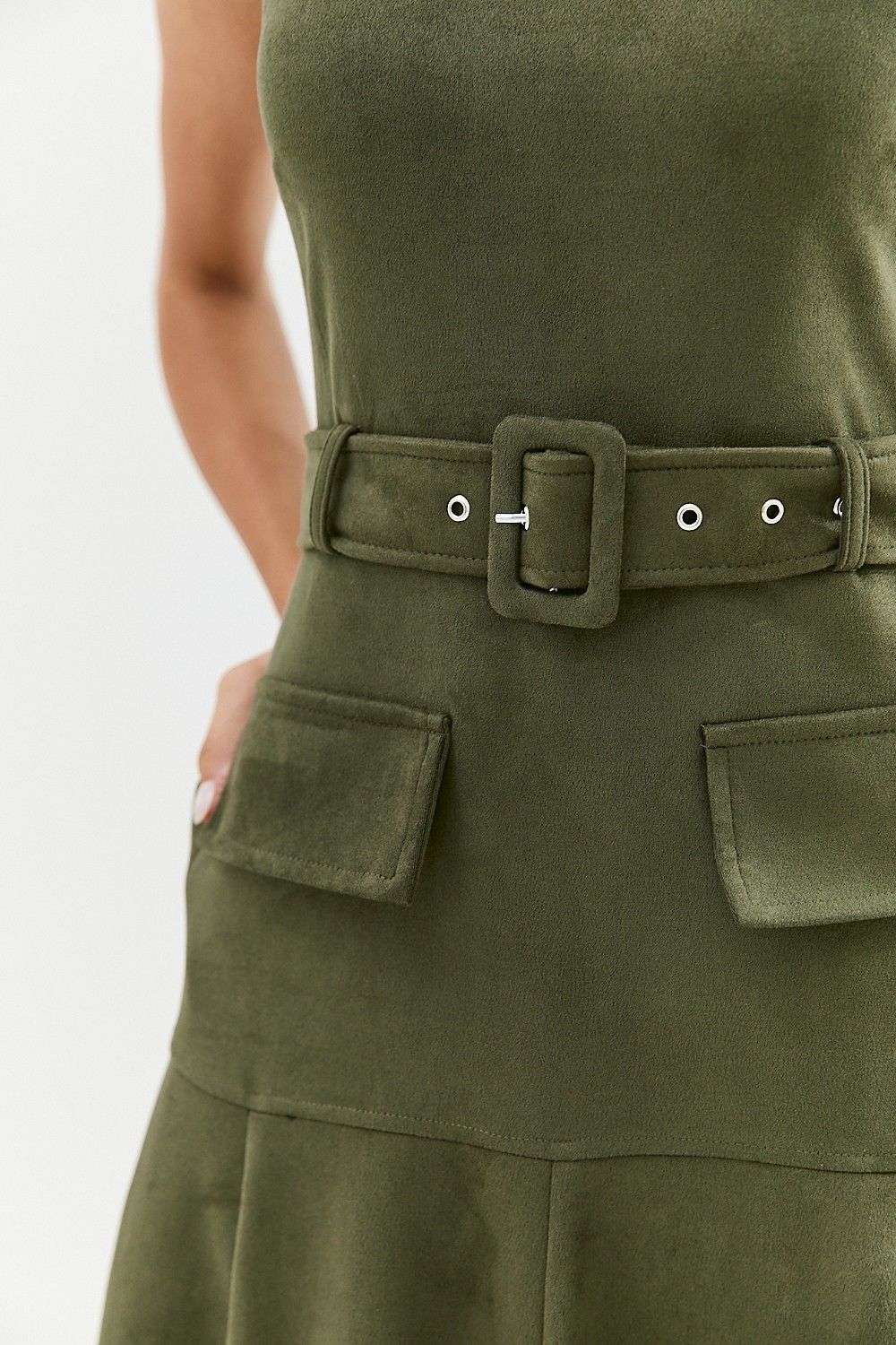 Vestido Midi Suede com Bolsos e Cinto Pietra