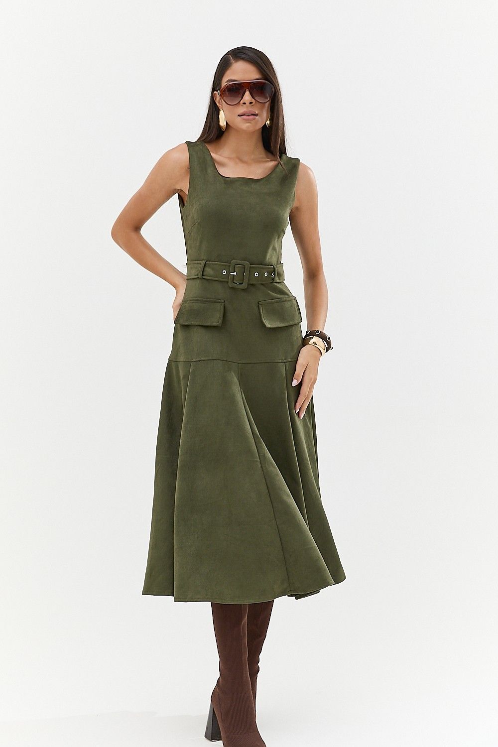 Vestido Midi Suede com Bolsos e Cinto Pietra