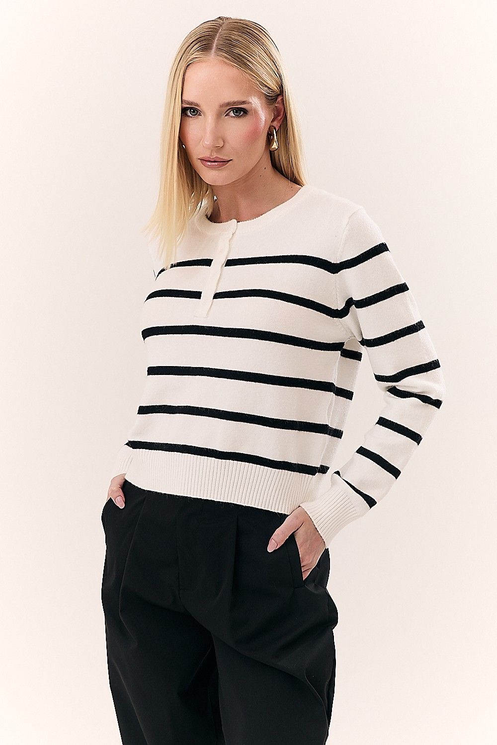 Blusa Feminina Tricot Listras e Botões Manga Longa Rochelly