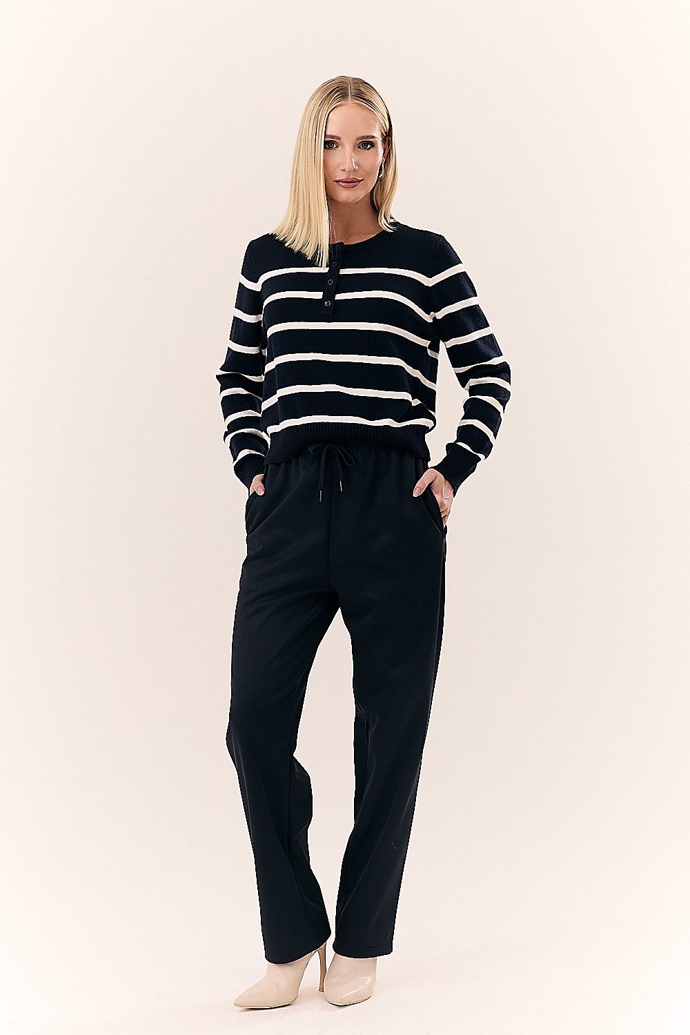 Blusa Feminina Tricot Listras e Botões Manga Longa Rochelly