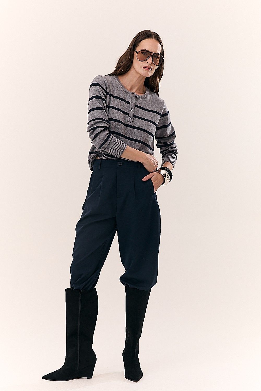 Blusa Feminina Tricot Listras e Botões Manga Longa Rochelly
