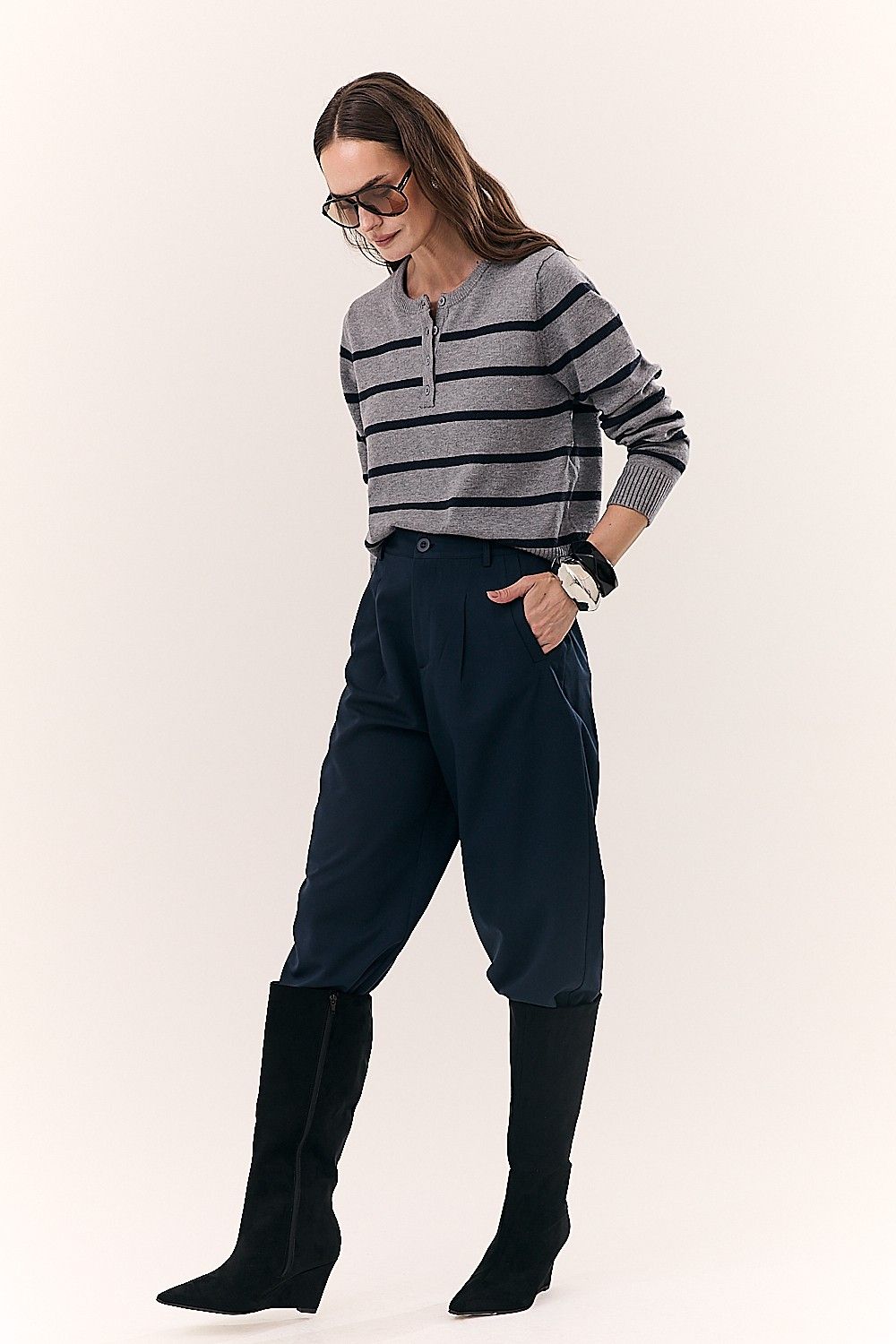 Blusa Feminina Tricot Listras e Botões Manga Longa Rochelly
