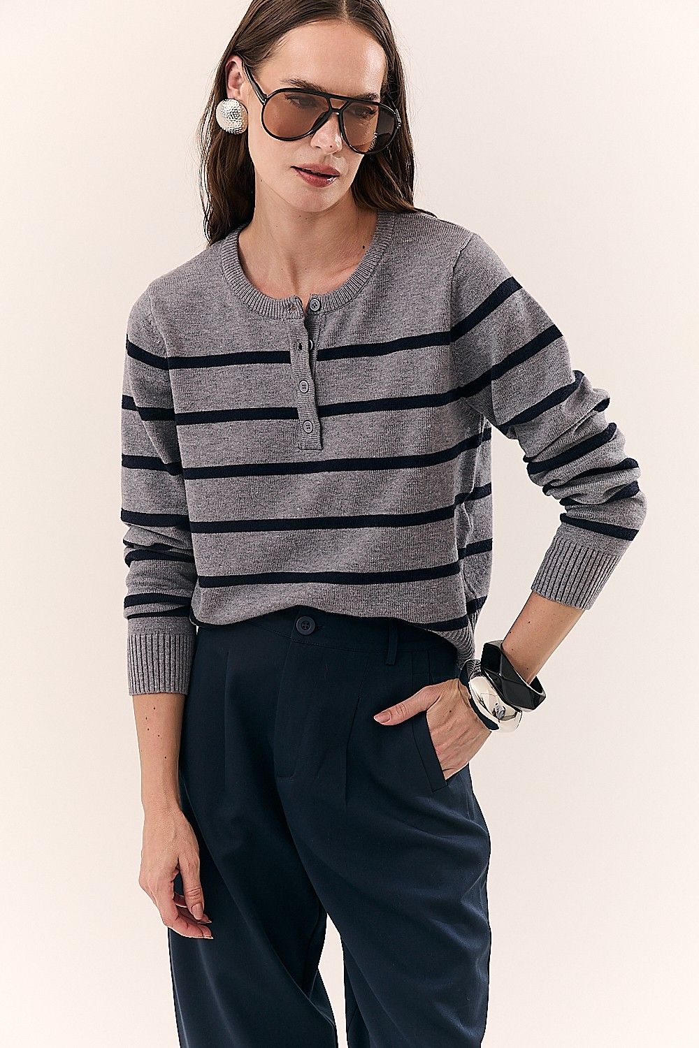 Blusa Feminina Tricot Listras e Botões Manga Longa Rochelly