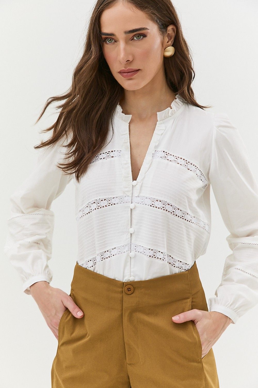 Camisa Tricoline com Botões e Renda Nina