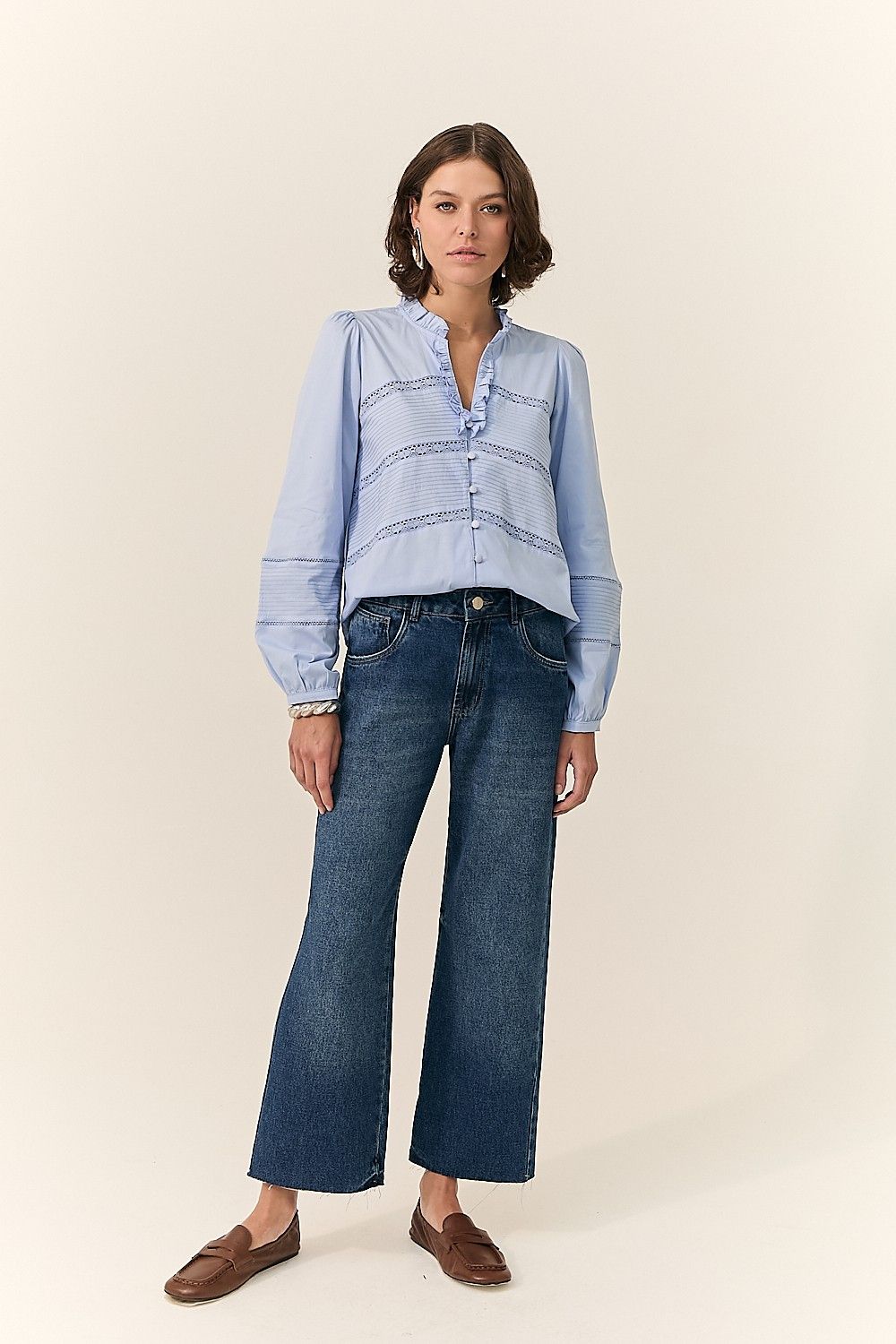 Camisa Tricoline com Botões e Renda Nina