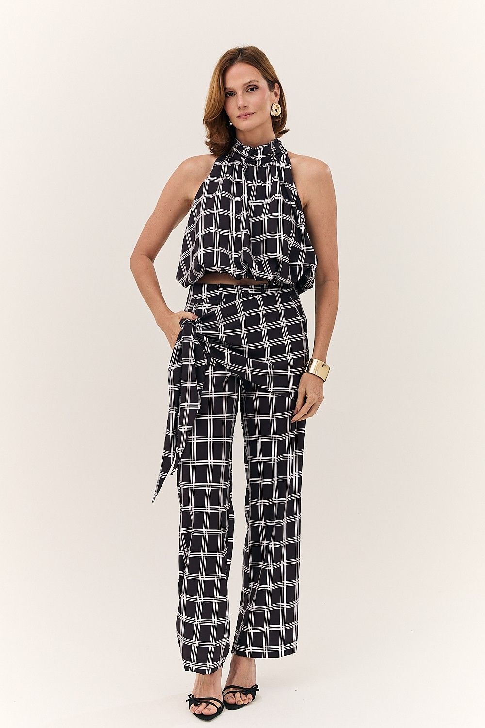 Blusa Feminina com Gola Halter Xadrez Alana