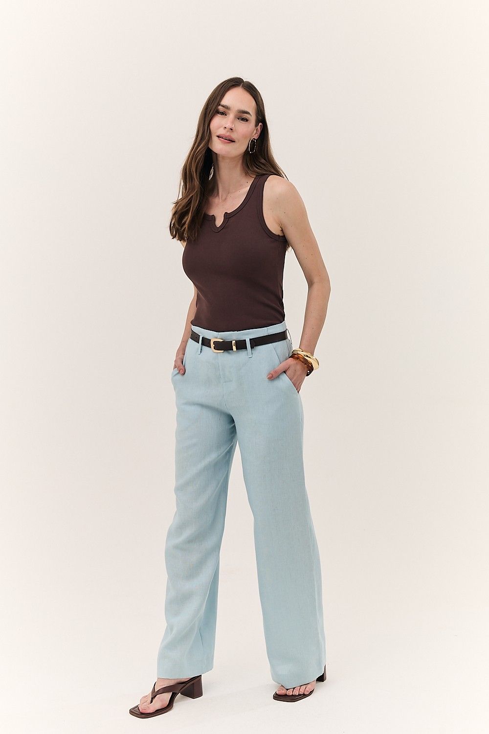 Calça Feminina Reta Linho Puro com Cinto Alba