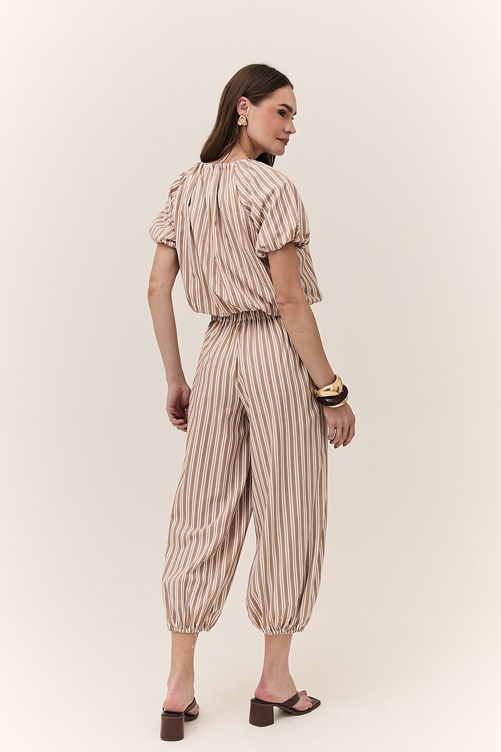 Blusa Feminina Balonê Listrada com Botões Malta