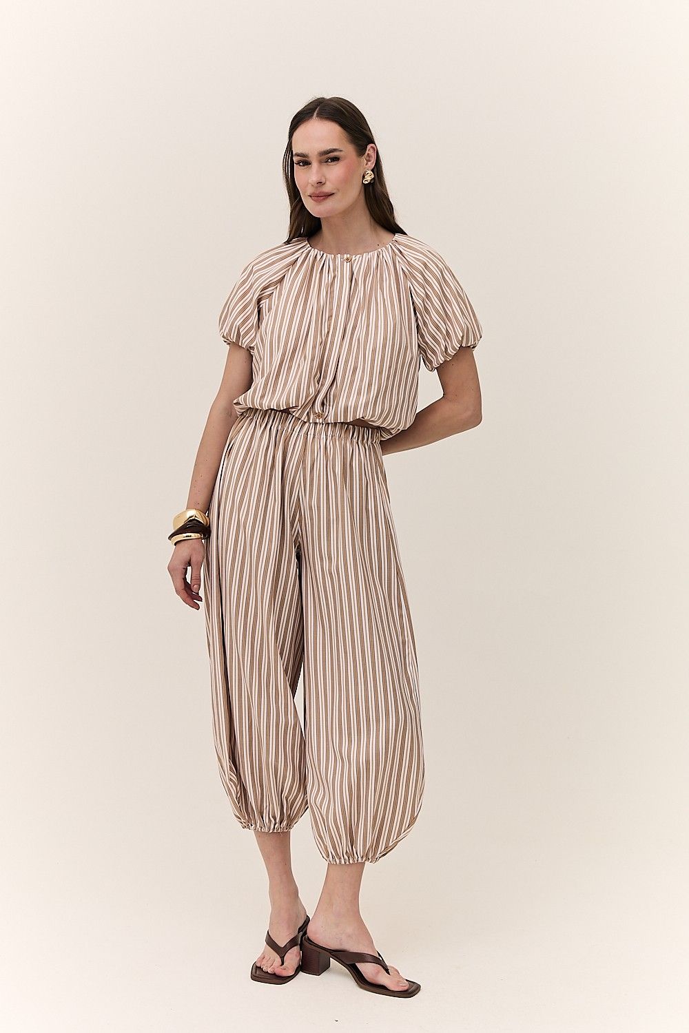 Blusa Feminina Balonê Listrada com Botões Malta