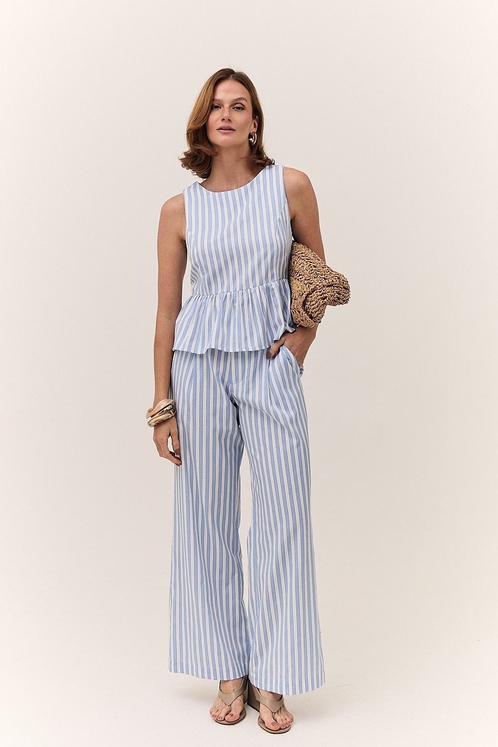 Calça Pantalona Feminina Listrada com Bolsos Maisa