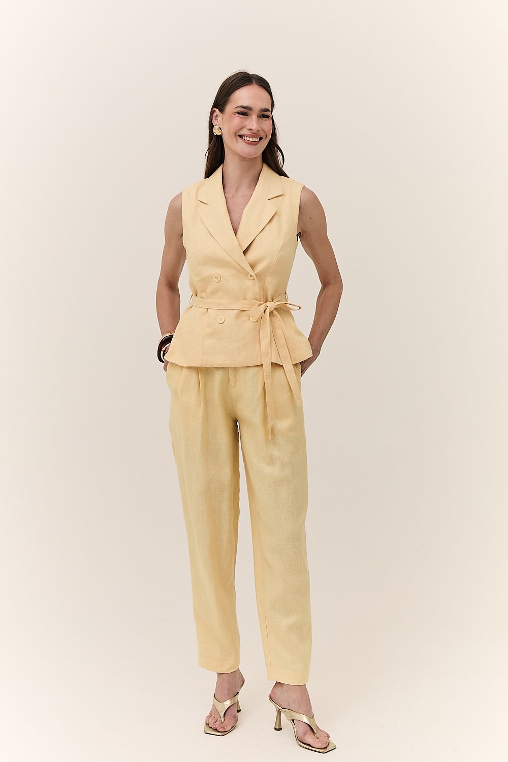 Calça Feminina Pregas Linho Puro Alba