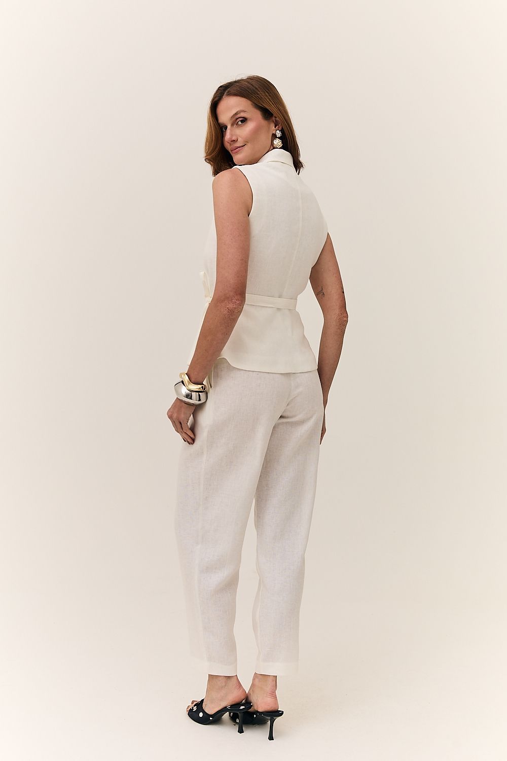 Calça Feminina Pregas Linho Puro Alba