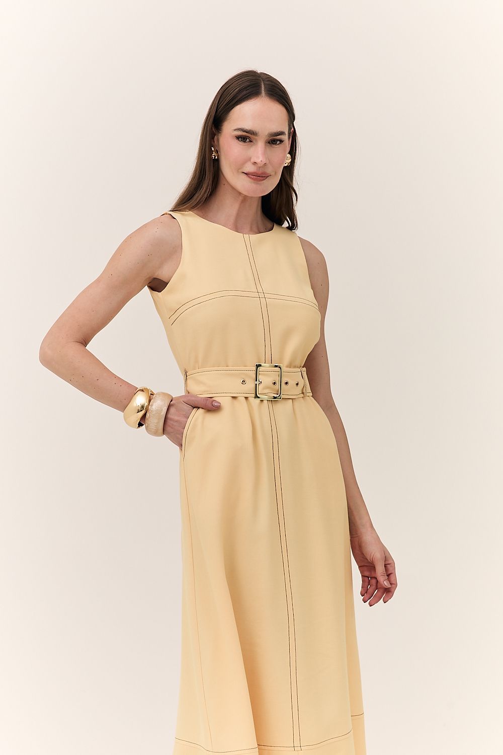 Vestido Midi Feminino Pesponto com Cinto Monica
