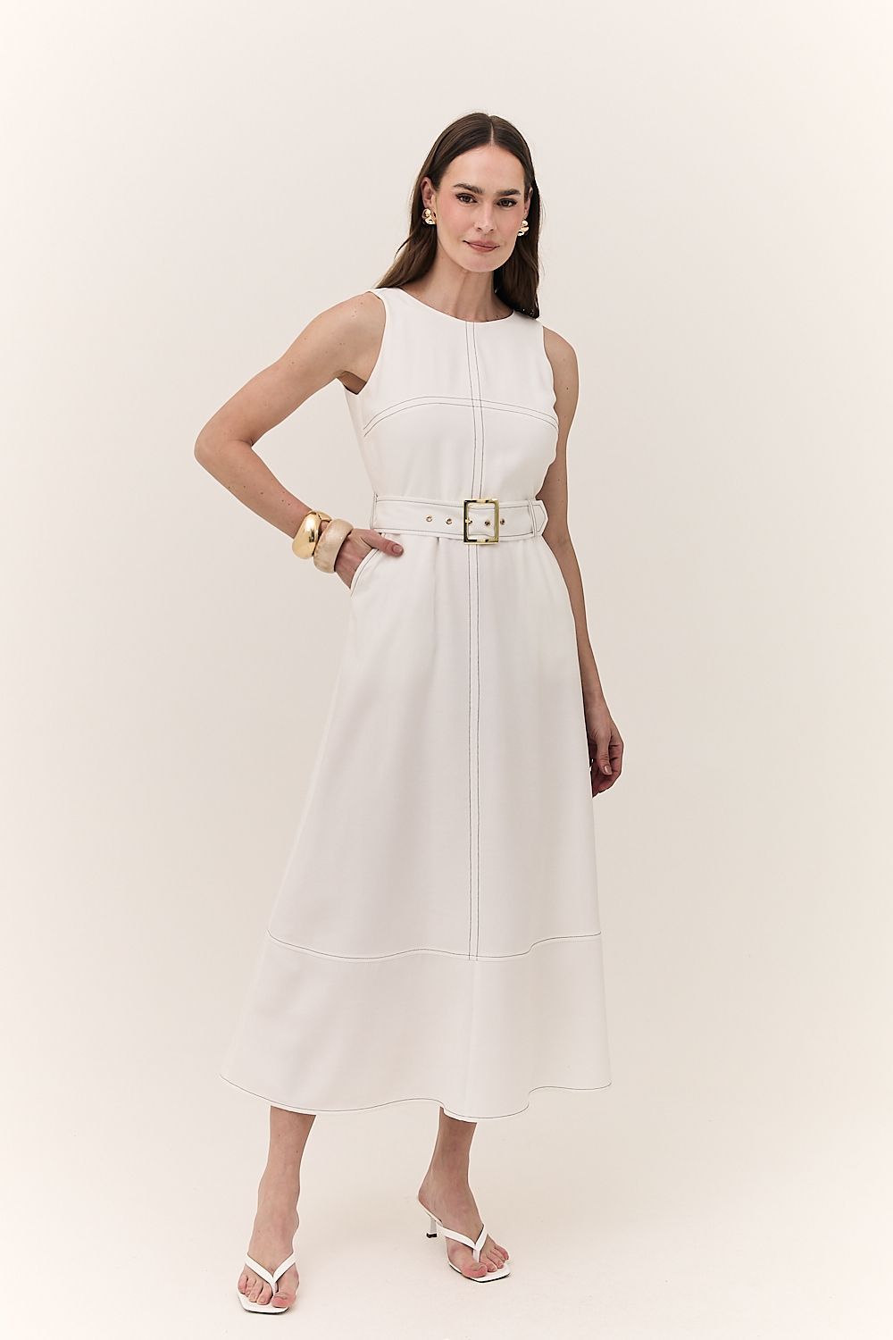 Vestido Midi Feminino Pesponto com Cinto Monica