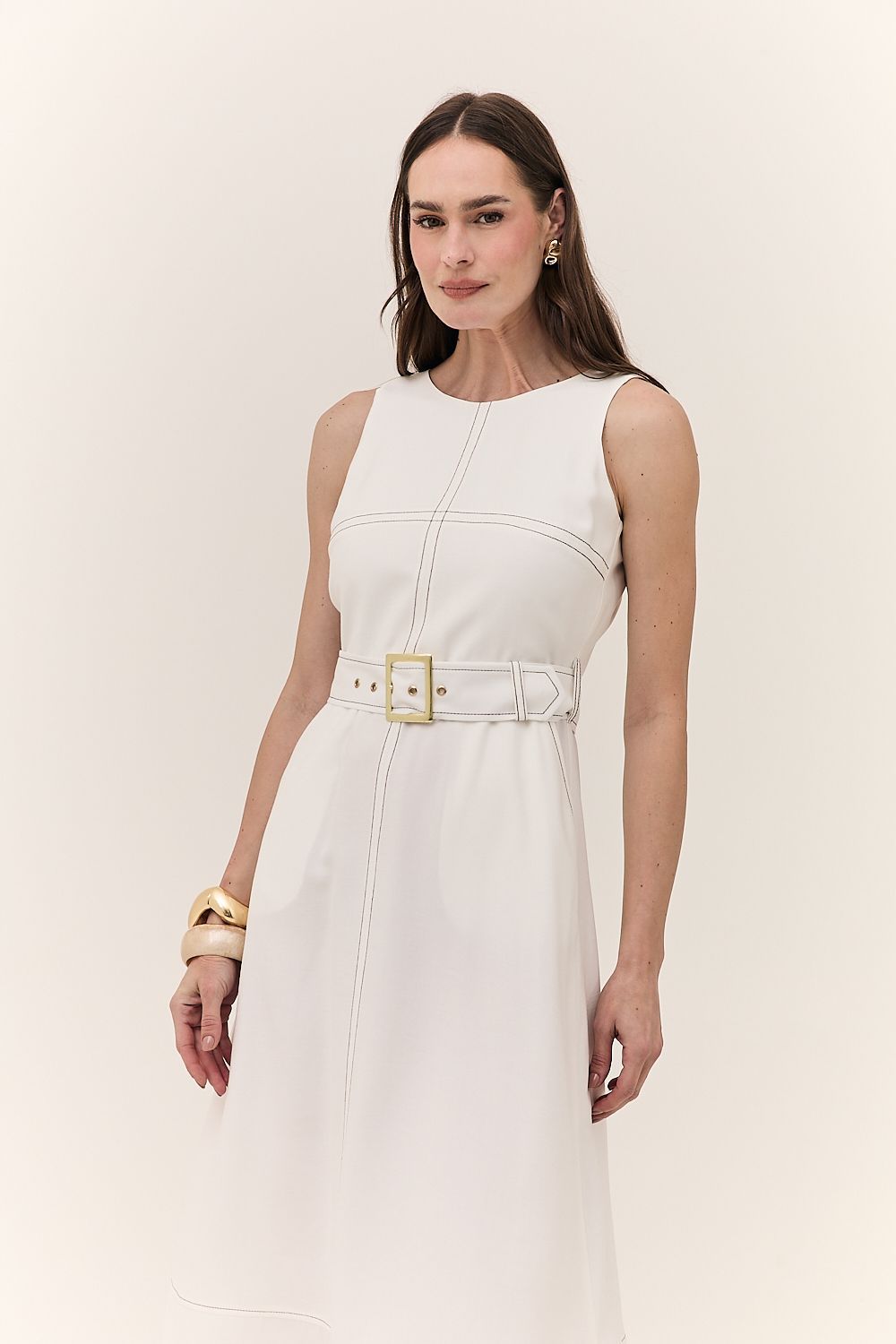 Vestido Midi Feminino Pesponto com Cinto Monica