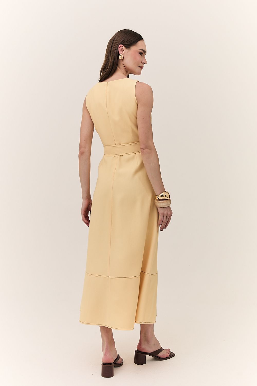 Vestido Midi Feminino Pesponto com Cinto Monica