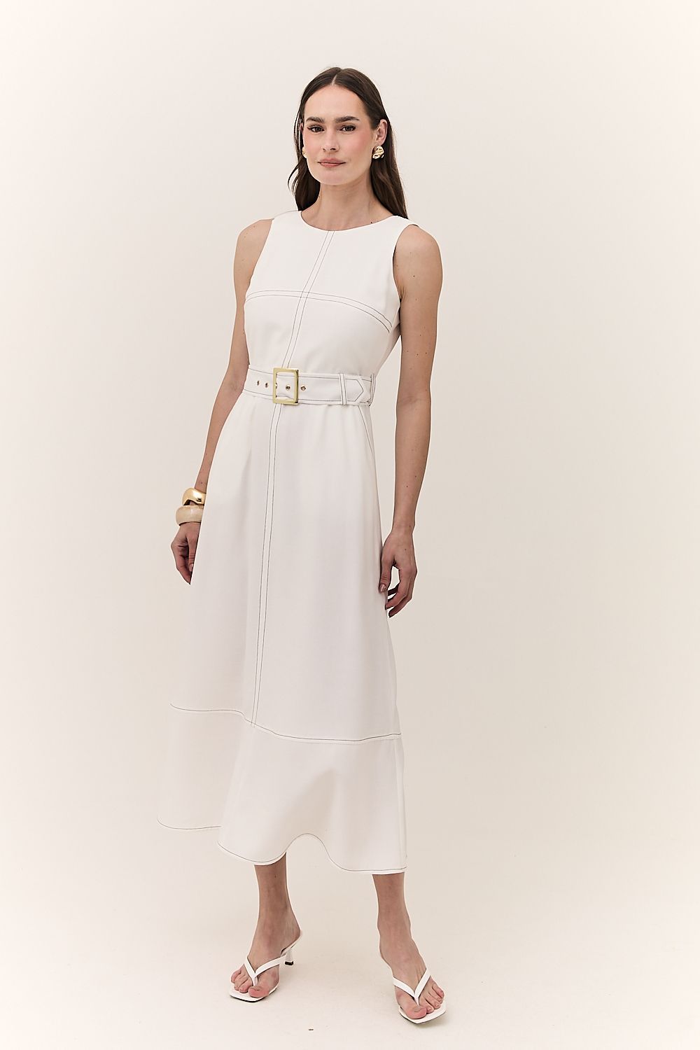Vestido Midi Feminino Pesponto com Cinto Monica