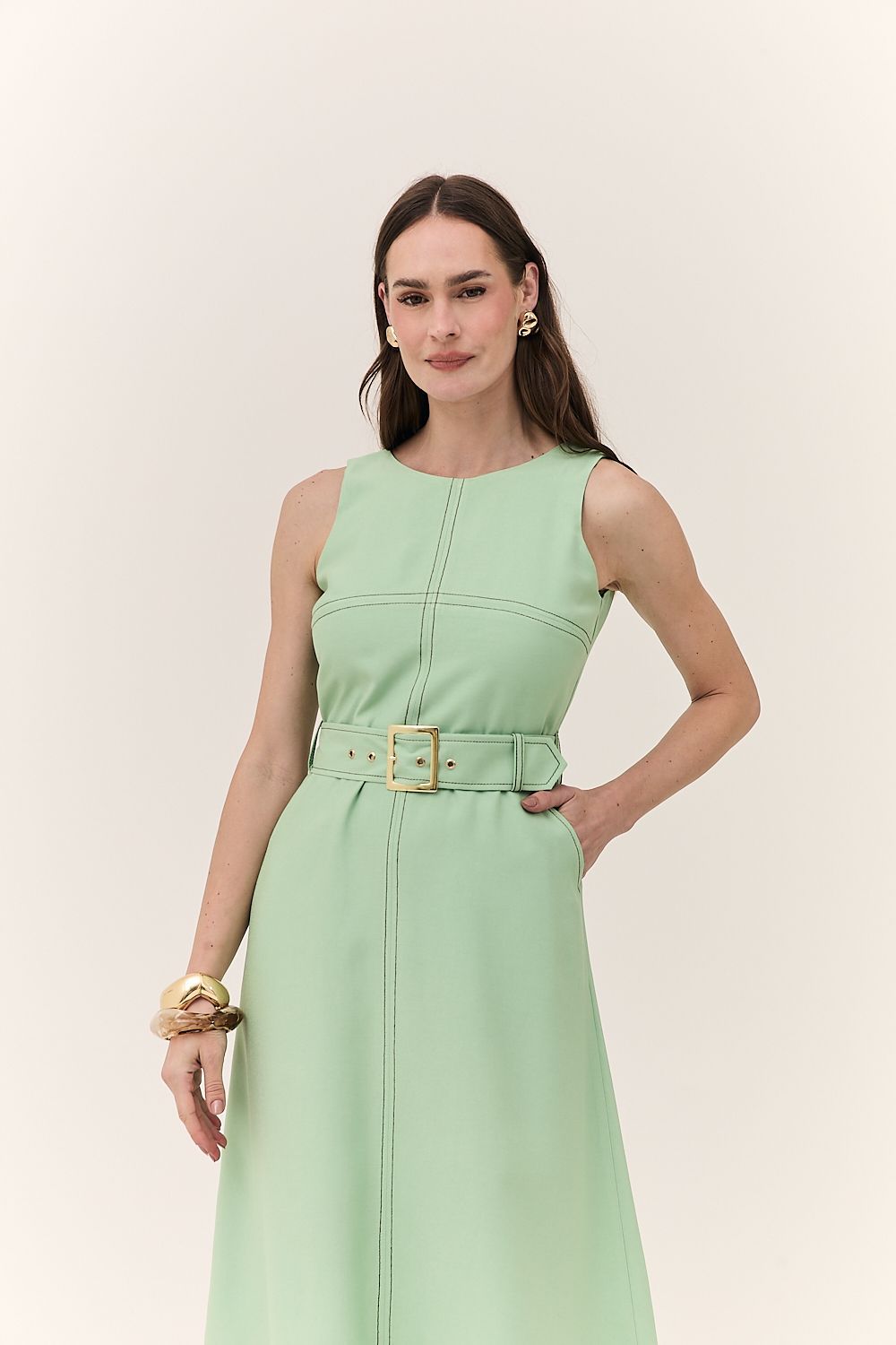 Vestido Midi Feminino Pesponto com Cinto Monica