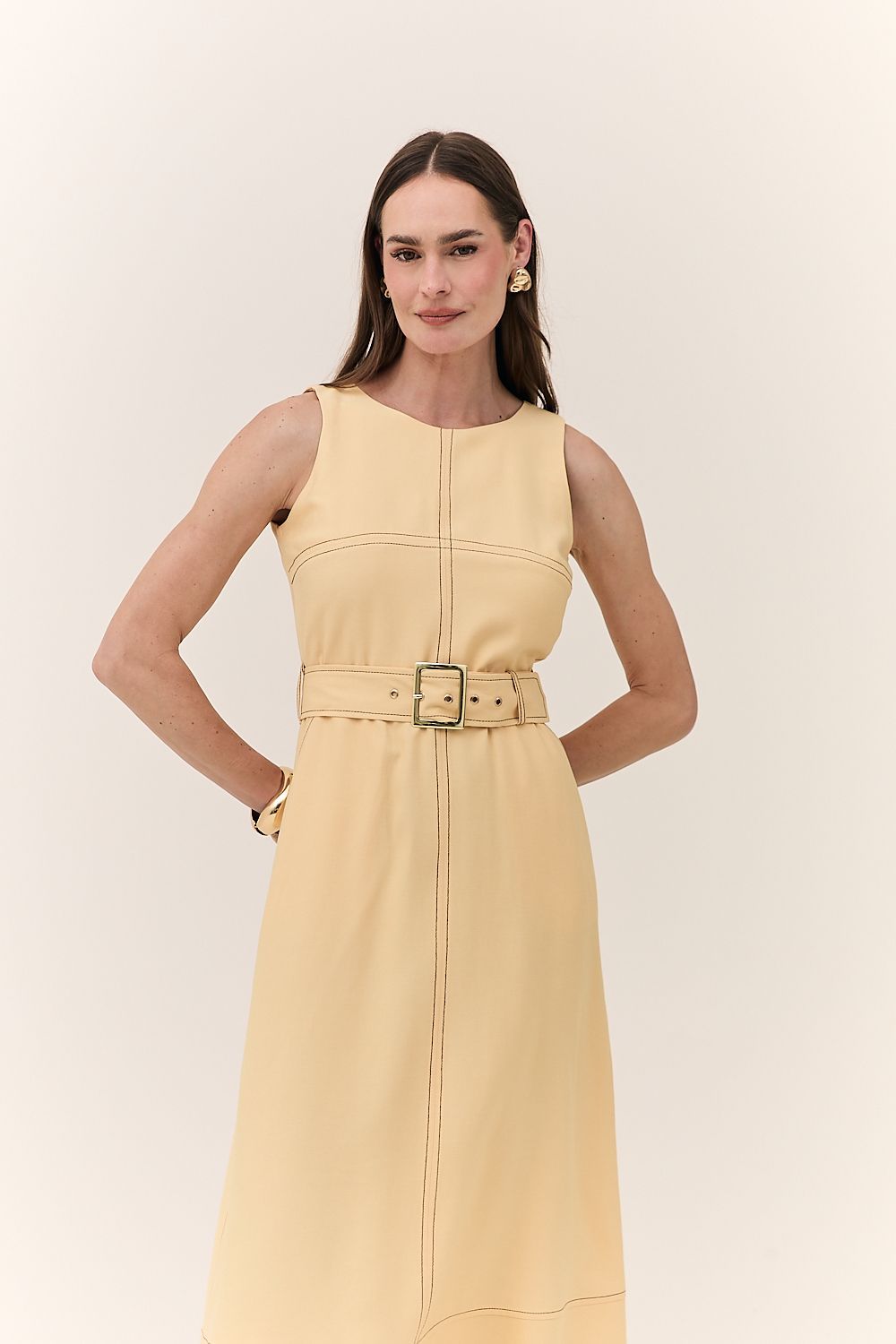 Vestido Midi Feminino Pesponto com Cinto Monica