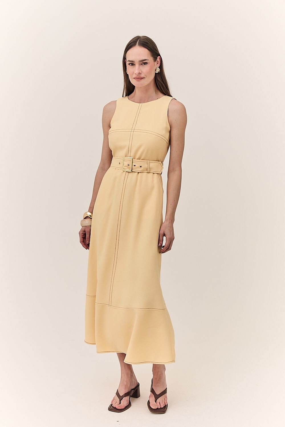 Vestido Midi Feminino Pesponto com Cinto Monica