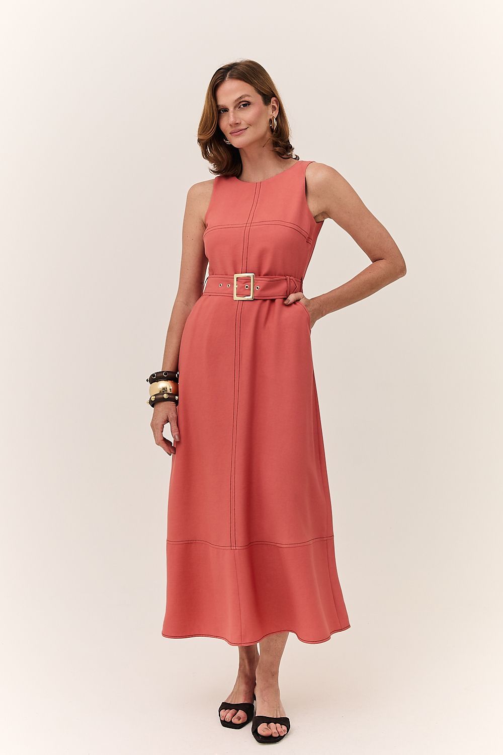 Vestido Midi Feminino Pesponto com Cinto Monica