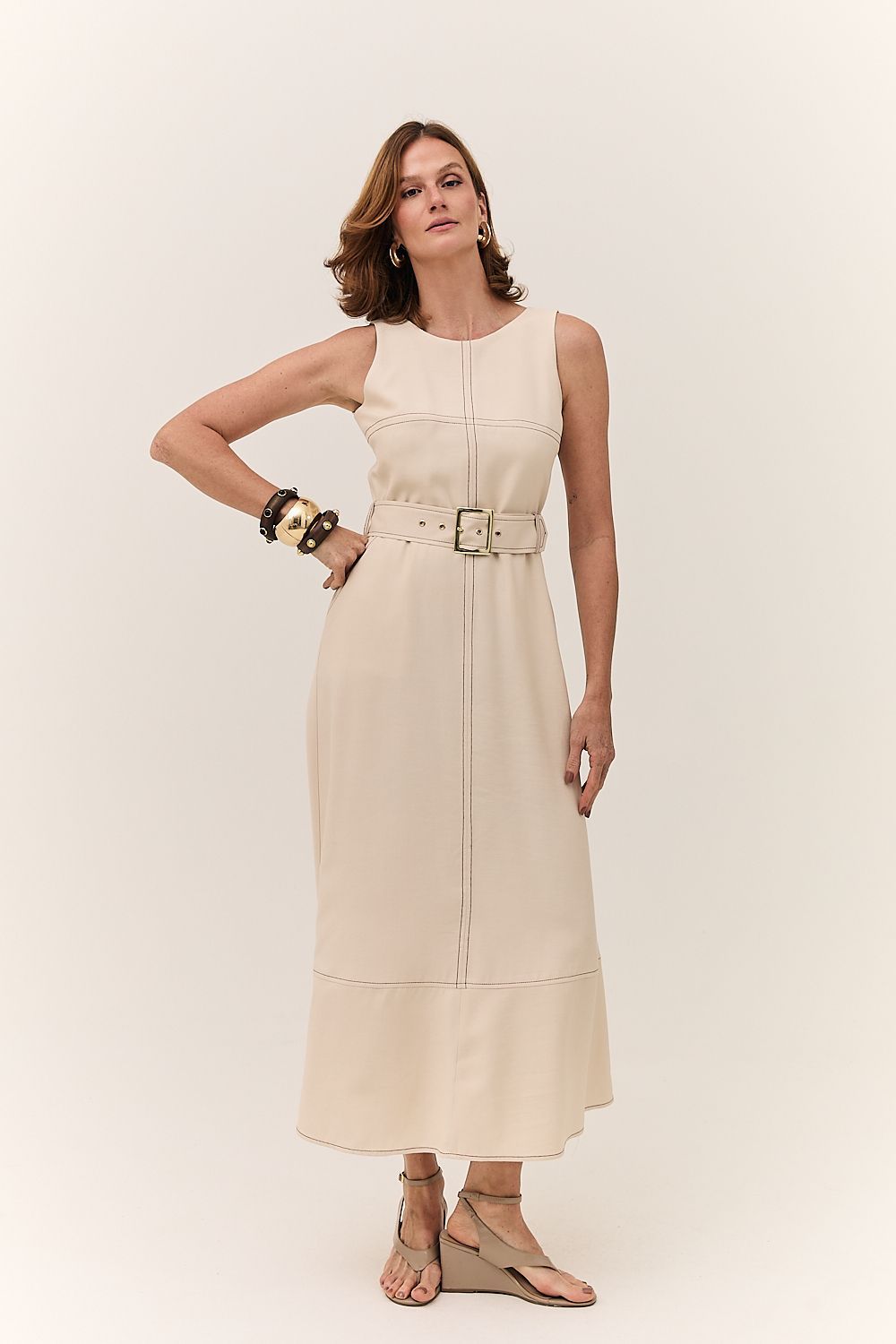 Vestido Midi Feminino Pesponto com Cinto Monica