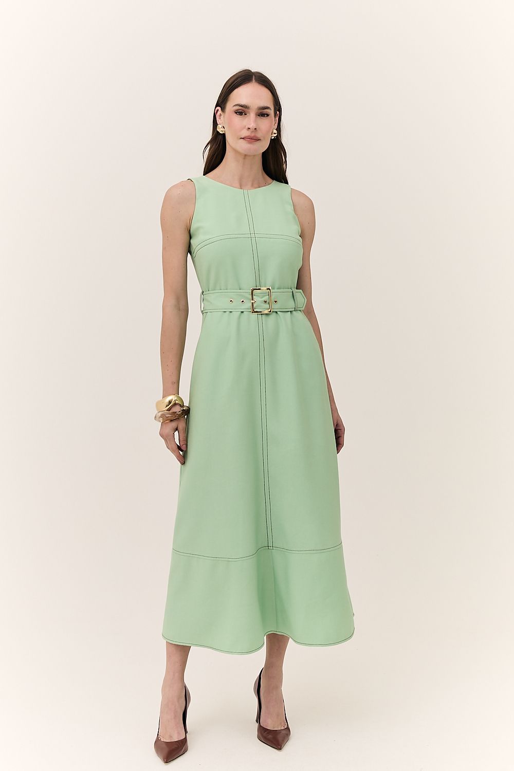 Vestido Midi Feminino Pesponto com Cinto Monica