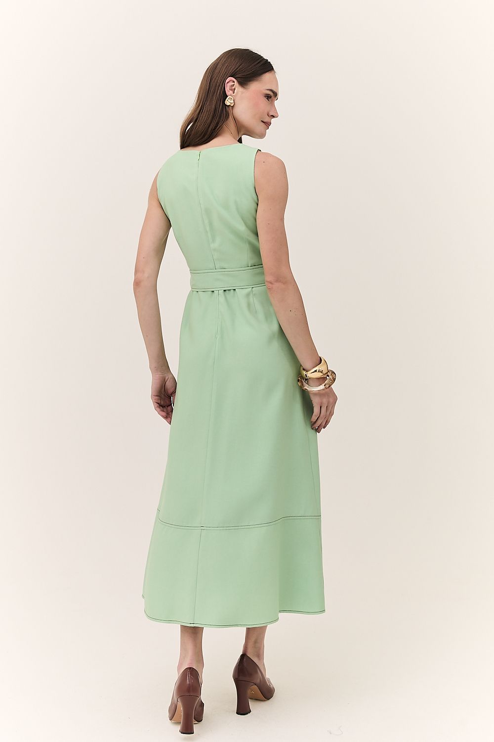 Vestido Midi Feminino Pesponto com Cinto Monica