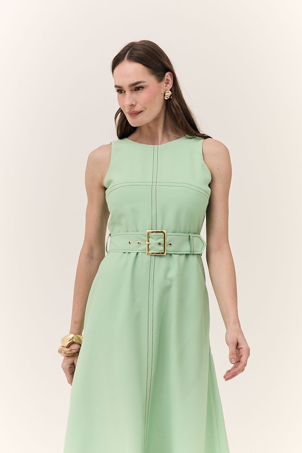 Vestido Midi Feminino Pesponto com Cinto Monica