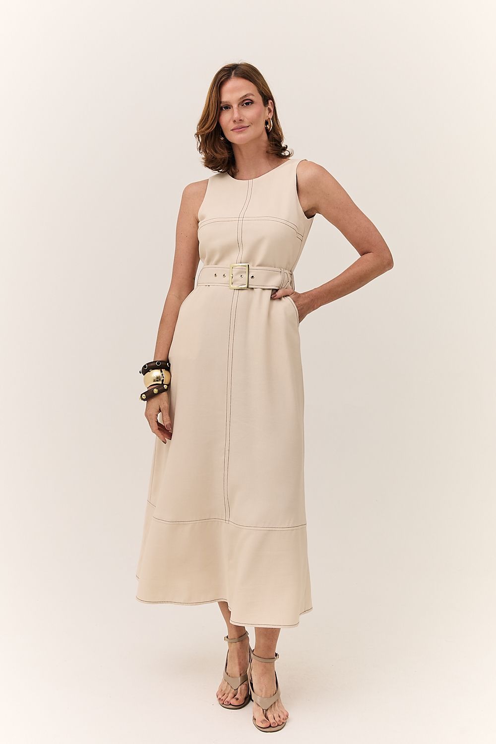 Vestido Midi Feminino Pesponto com Cinto Monica