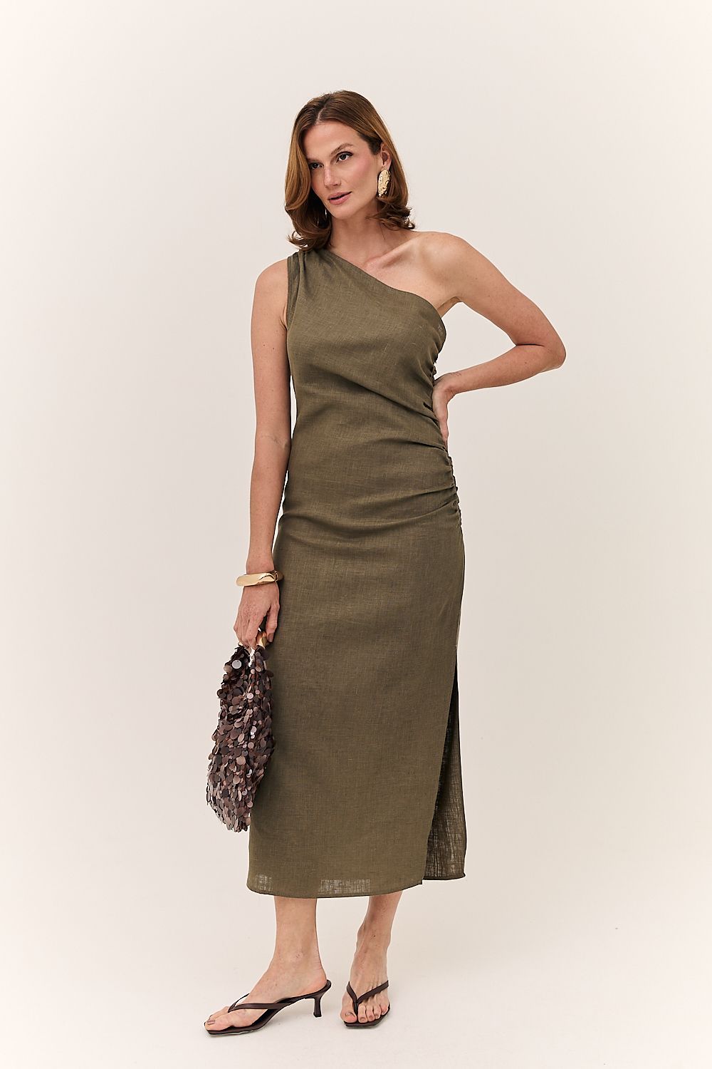 Vestido Midi Linho Puro Ombro Único Alba