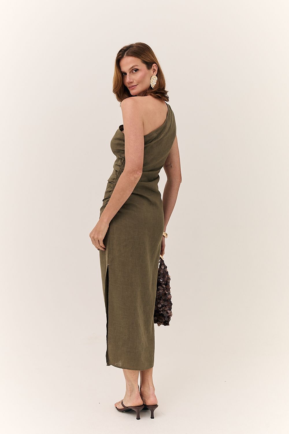 Vestido Midi Linho Puro Ombro Único Alba