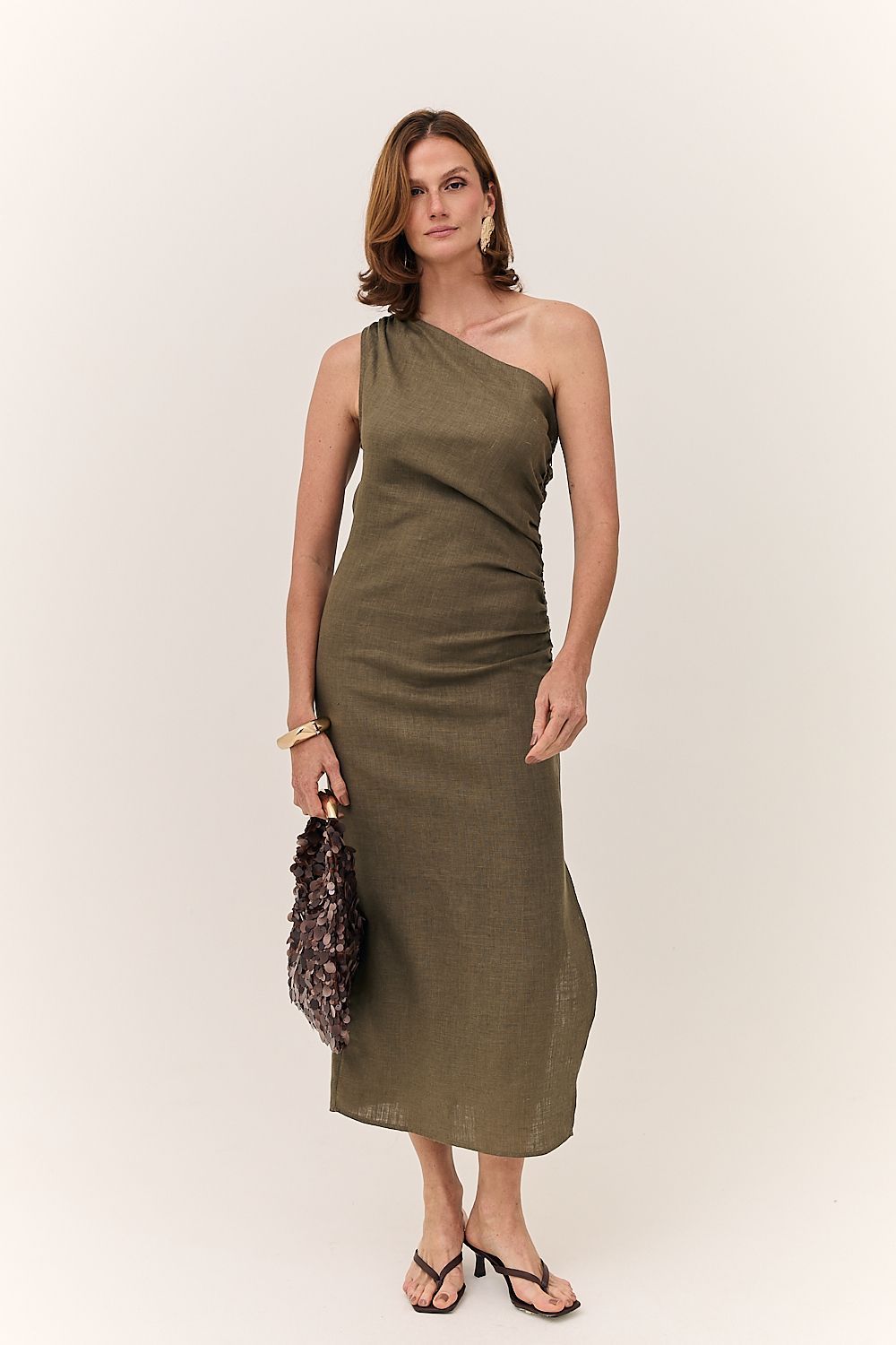 Vestido Midi Linho Puro Ombro Único Alba