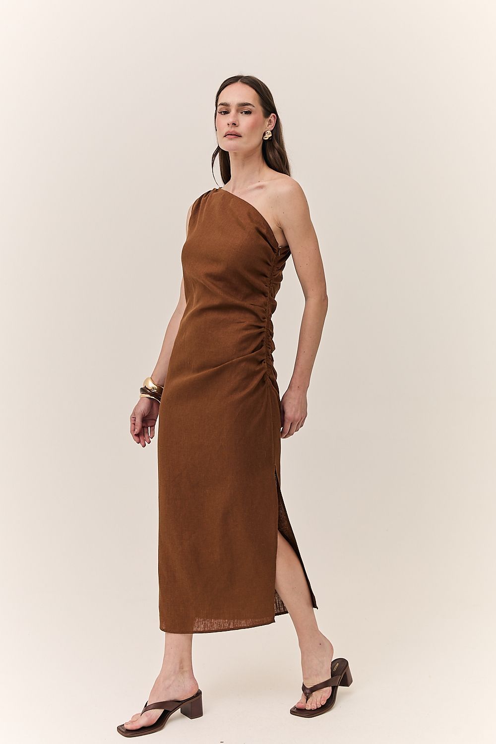 Vestido Midi Linho Puro Ombro Único Alba