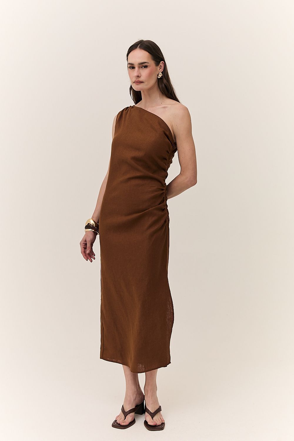 Vestido Midi Linho Puro Ombro Único Alba