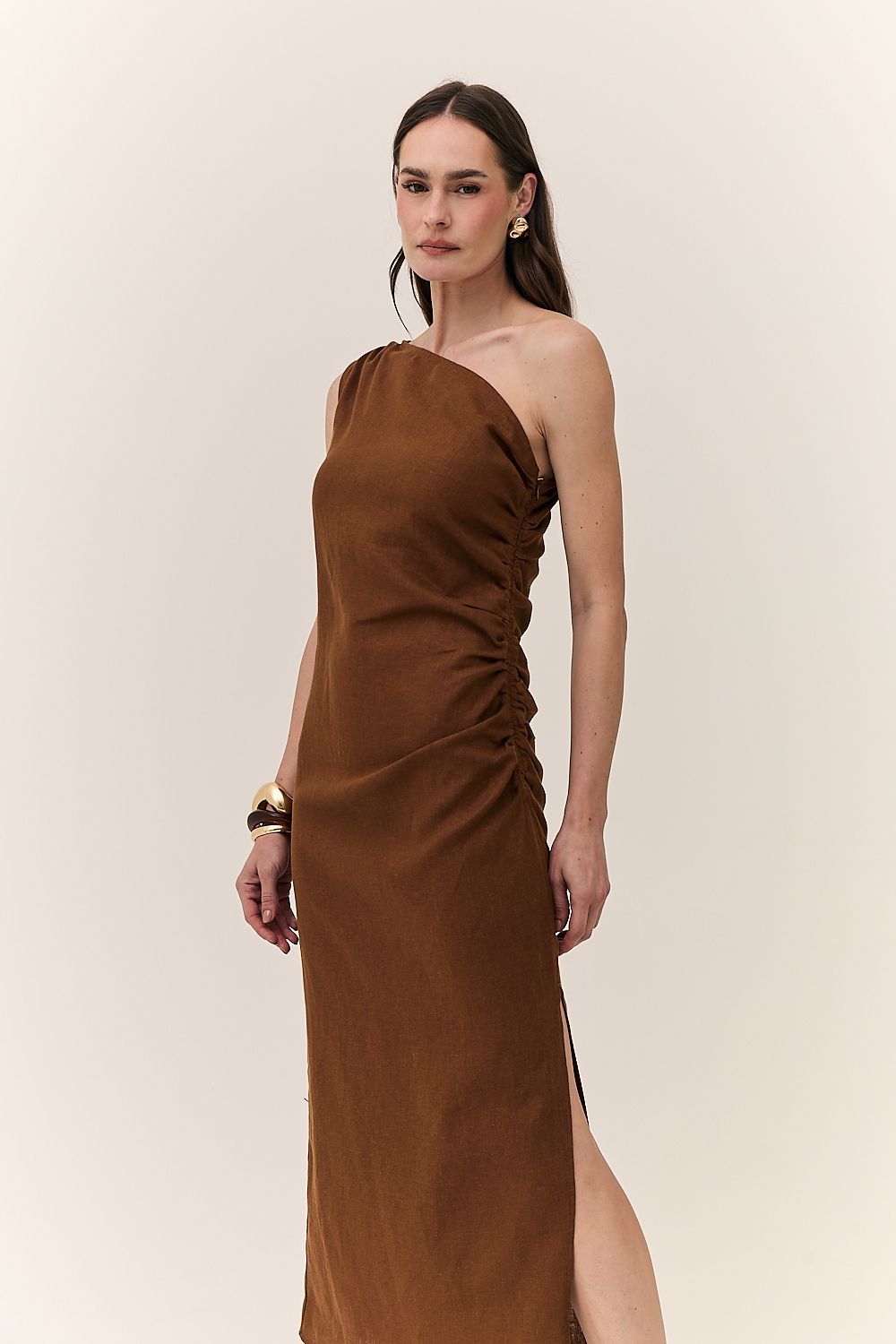 Vestido Midi Linho Puro Ombro Único Alba