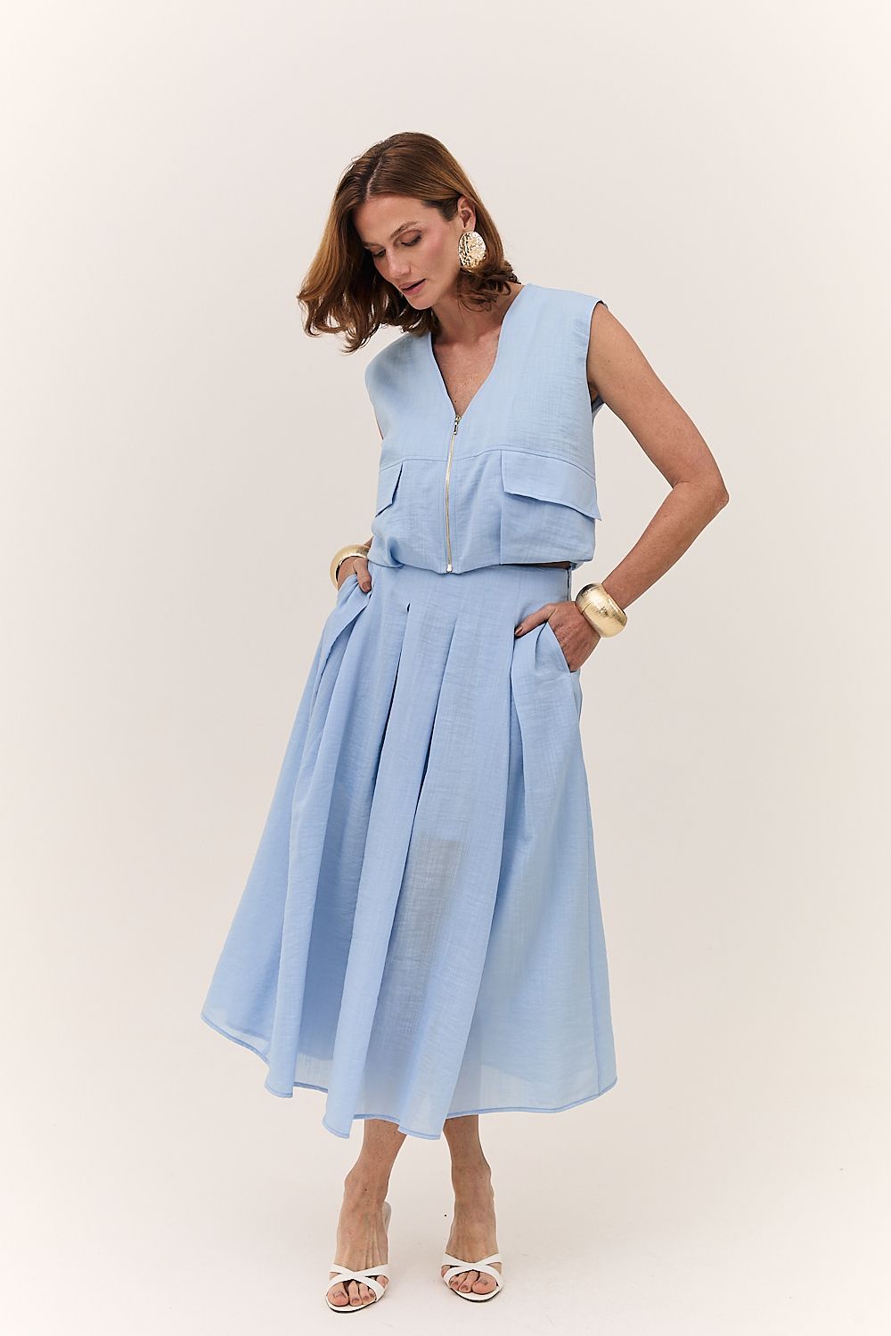 Saia Midi Feminina Pregas Rayon Maitê