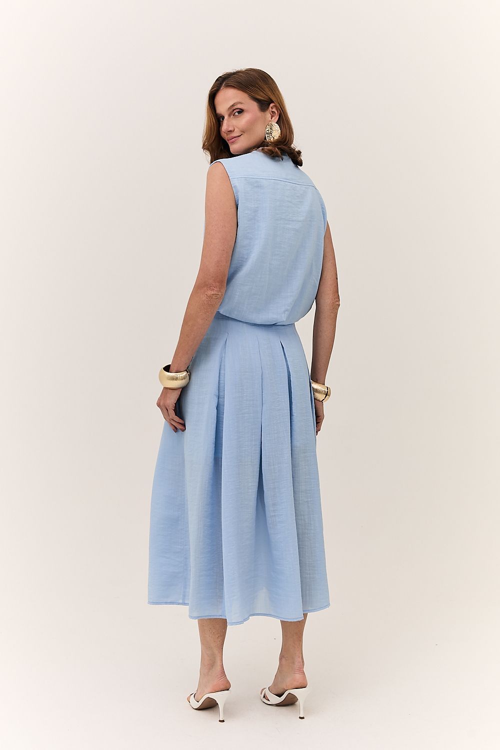 Saia Midi Feminina Pregas Rayon Maitê