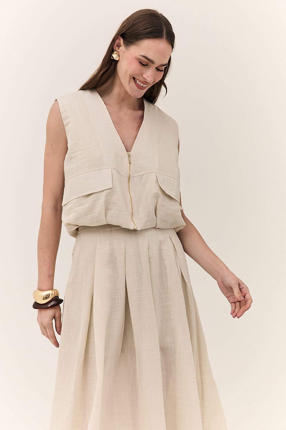 Saia Midi Feminina Pregas Rayon Maitê