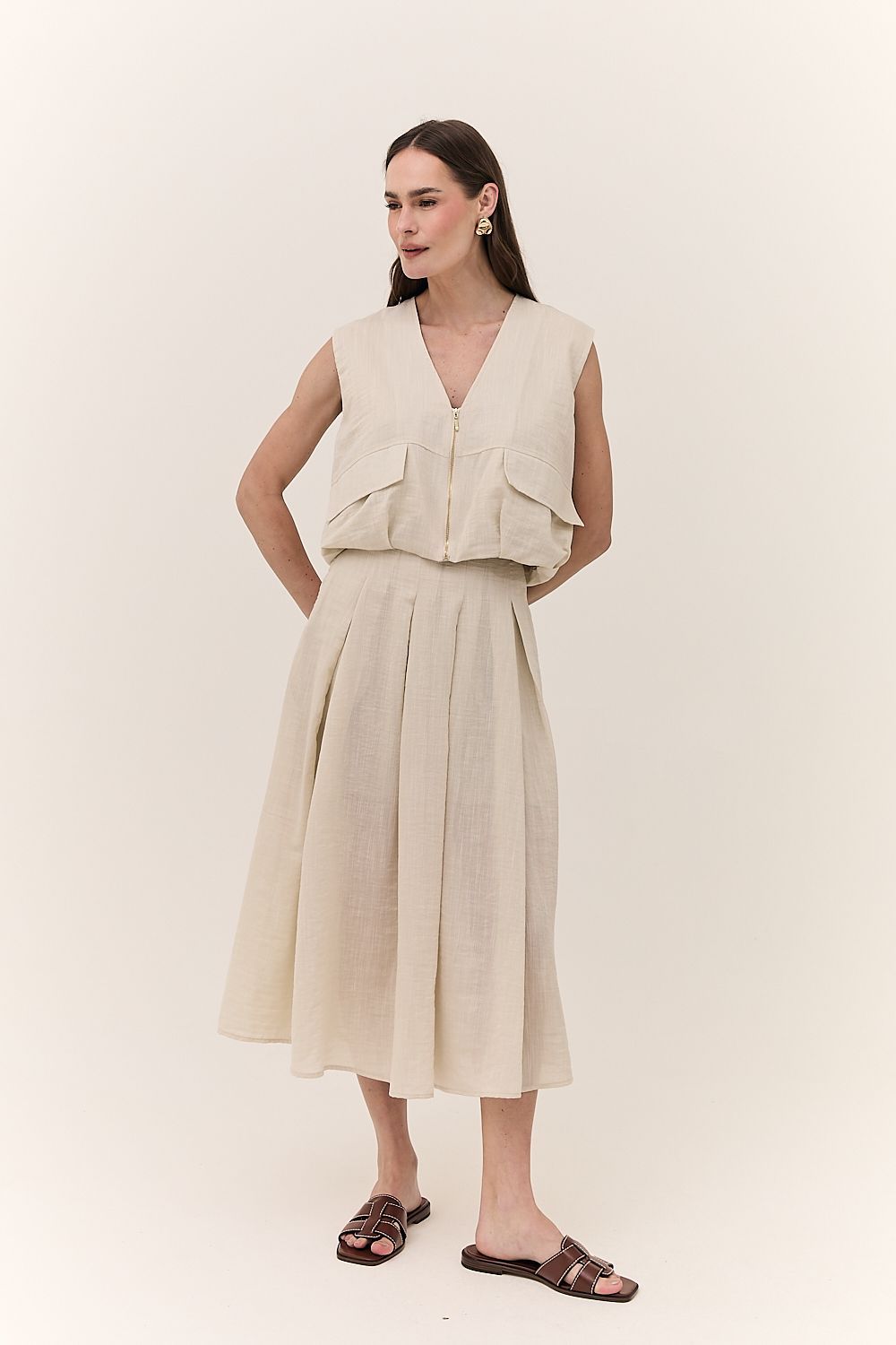 Saia Midi Feminina Pregas Rayon Maitê
