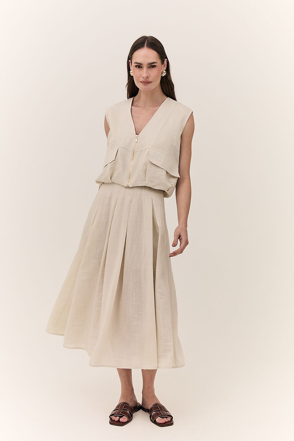 Saia Midi Feminina Pregas Rayon Maitê
